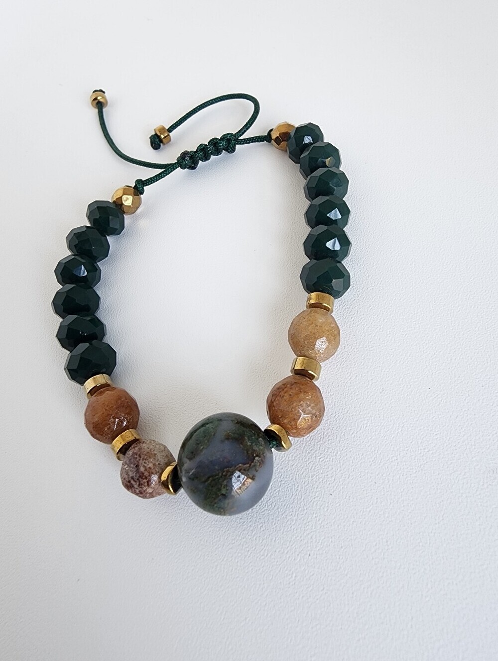 Green Jasper & Crystal Adjustable Beaded Bracelet Gold Tone Handmade